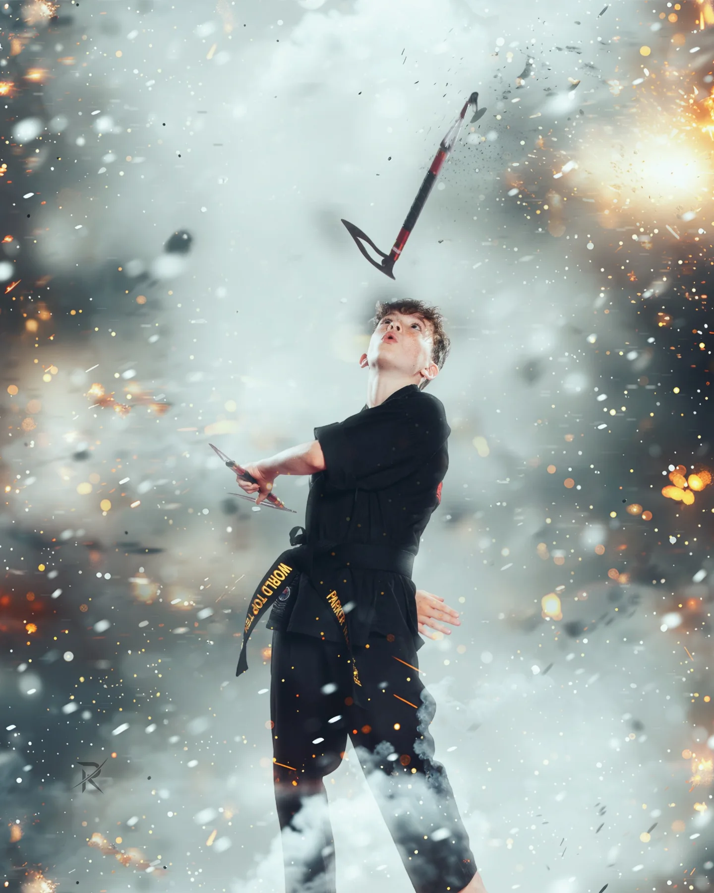 Parker performing with a traditional weapon